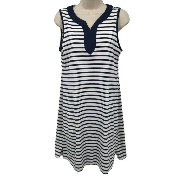 Land's End Womens Sleeveless Cotton Striped Navy White Shift Dress Size Small - Picture 1 of 7